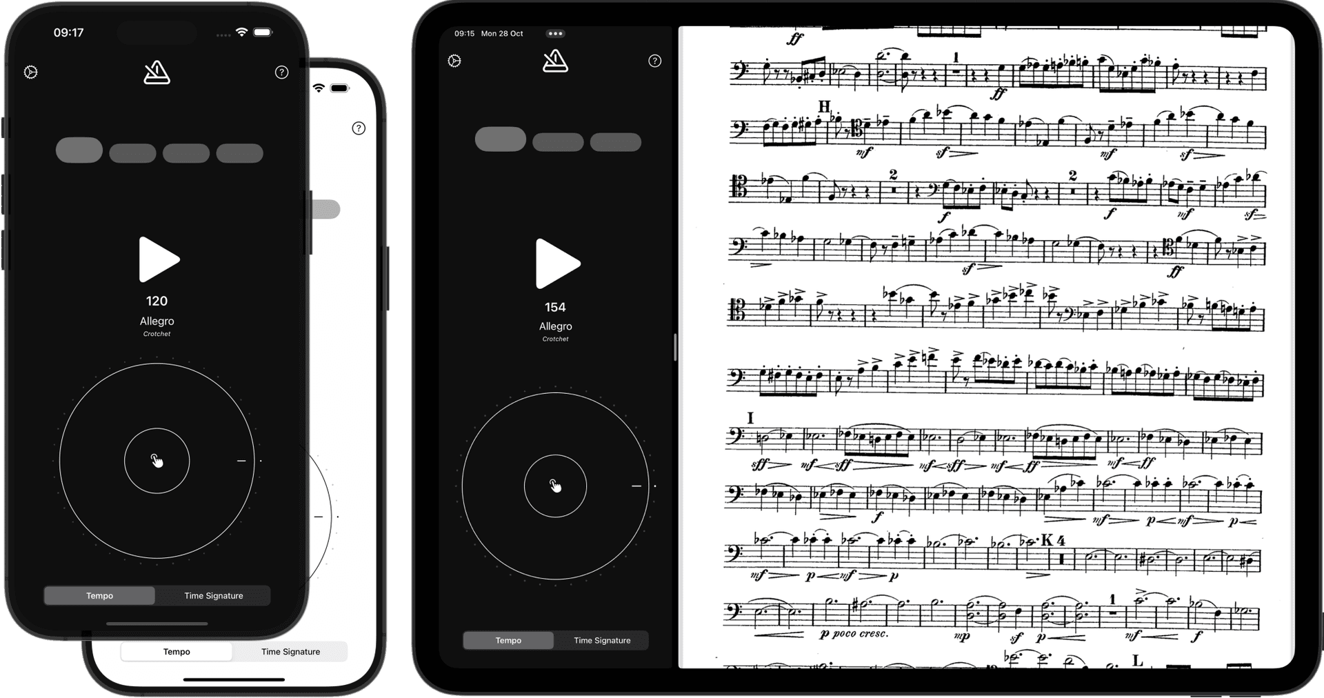 Metronome app device example showing desktop version dark theme